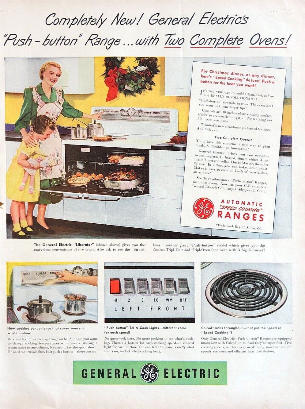 Vtg GE General Electric Range Oven Ad Yellow Green Retro Kitchen Cooking Stove